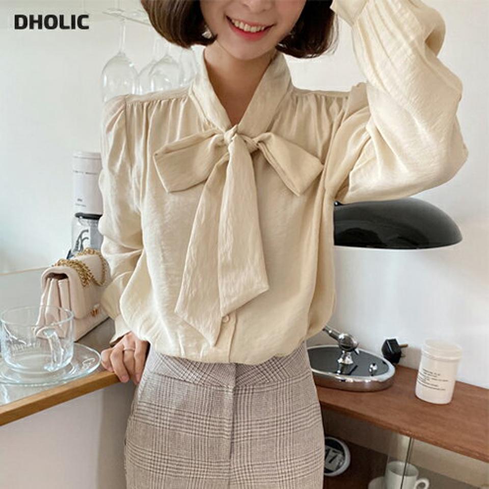 ネックリボンギャザーブラウス・全4色・t66627 レディース 【bl】韓国ファッション トップス ブラウス 長袖 ネックリボン ギャザー 無地 シンプル かわいい カジュアル フェミニン ガーリー 春 秋 冬