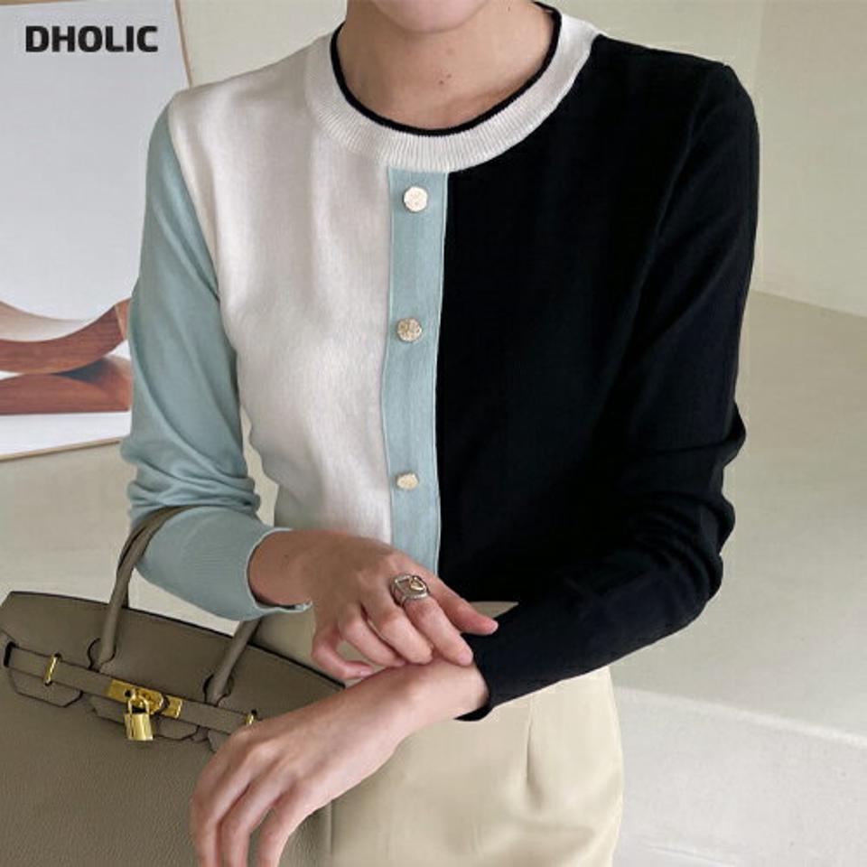 配色フェイクボタンニット・全3色・t00158 レディース 【tops】トップス ニット 長袖 配色 大人 きれいめ ラウンドネック 春 秋 韓国ファッション ハイホリHIHOLLI