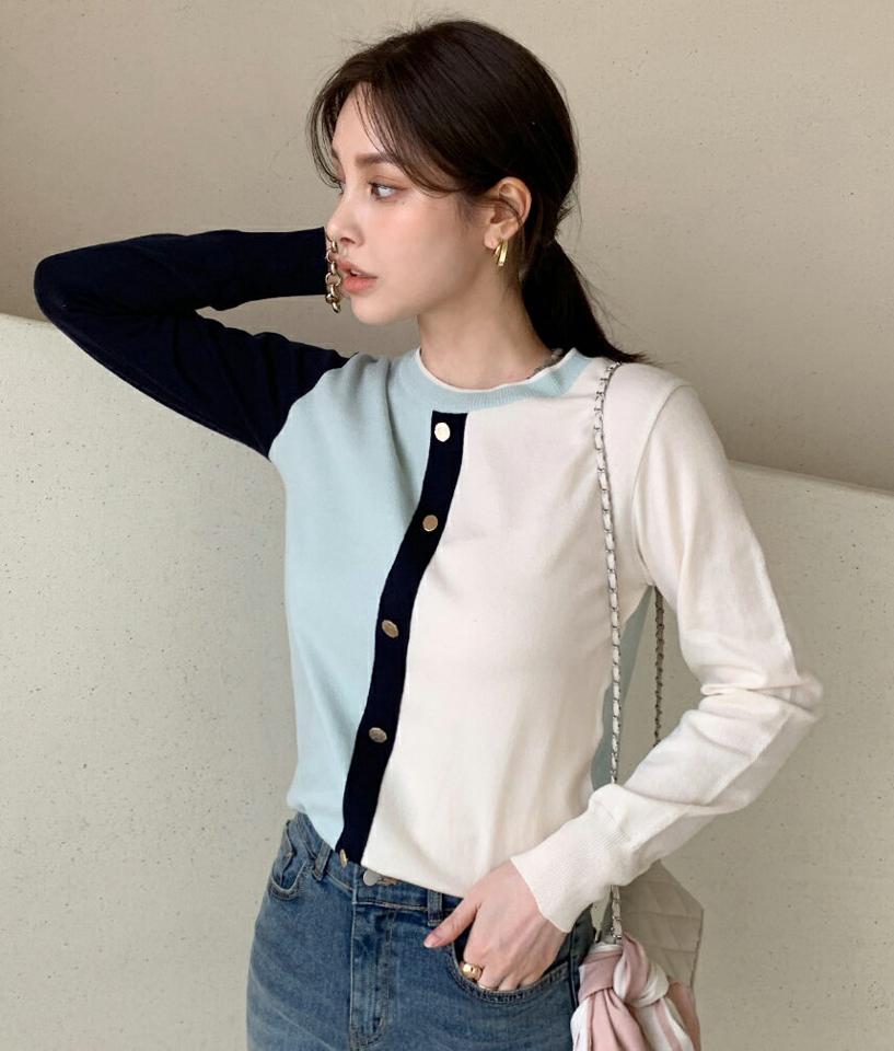 配色フェイクボタンニット・全3色・t00158 レディース 【tops】トップス ニット 長袖 配色 大人 きれいめ ラウンドネック 春 秋 韓国ファッション ハイホリHIHOLLI