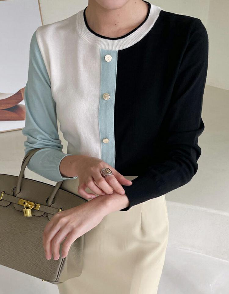 配色フェイクボタンニット・全3色・t00158 レディース 【tops】トップス ニット 長袖 配色 大人 きれいめ ラウンドネック 春 秋 韓国ファッション ハイホリHIHOLLI