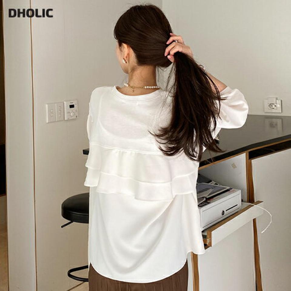 バックフリルTシャツ・全3色・b71722 レディース 【tops】トップス Tシャツ 七分丈 七分袖 7分丈 7分袖 バックフリル バックシャン 単色 無地 シンプル アンバランスヘム かわいい 大人 ギャザー 春 秋 韓国ファッション ハイホリHIHOLLI