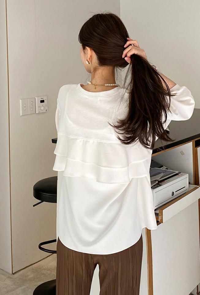 バックフリルTシャツ・全3色・b71722 レディース 【tops】トップス Tシャツ 七分丈 七分袖 7分丈 7分袖 バックフリル バックシャン 単色 無地 シンプル アンバランスヘム かわいい 大人 ギャザー 春 秋 韓国ファッション ハイホリHIHOLLI