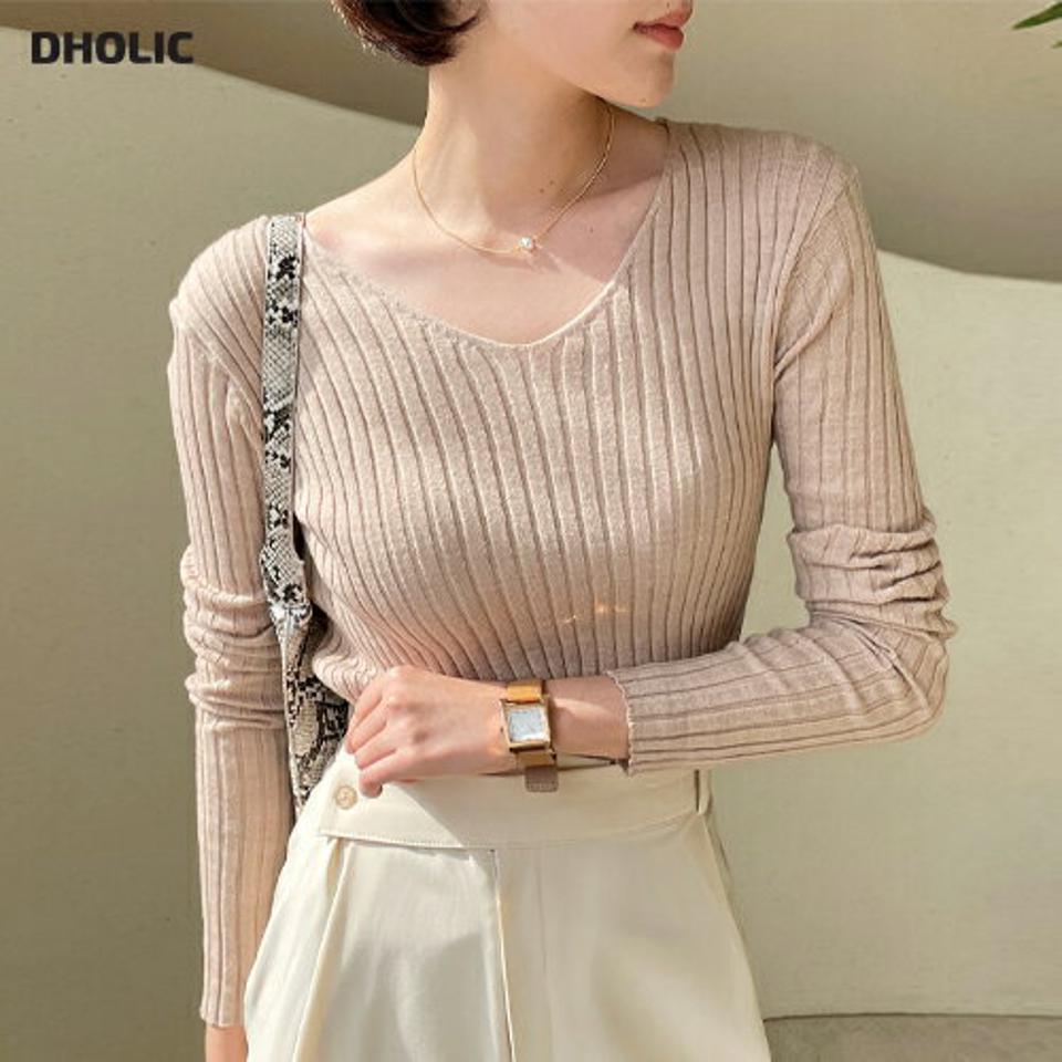 Vネックリブニット・全5色・t00153 レディース 【tops】トップス ニット 長袖 リブニット Vネック デコルテ 鎖骨 単色 シンプル カジュアル ベーシック 大人 春 秋 冬 韓国ファッション ハイホリHIHOLLI 年上