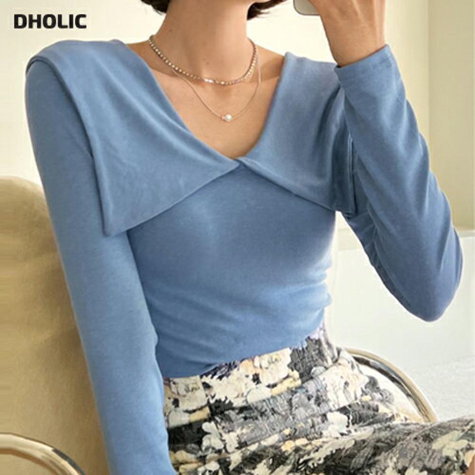 ビッグカラーTシャツ・全4色・t00154 レディース 【tops】トップス Tシャツ 長袖 襟コン 単色 無地 シンプル 大人 ビッグカラー フェミニン 春 秋 冬 韓国ファッション ハイホリHIHOLLI