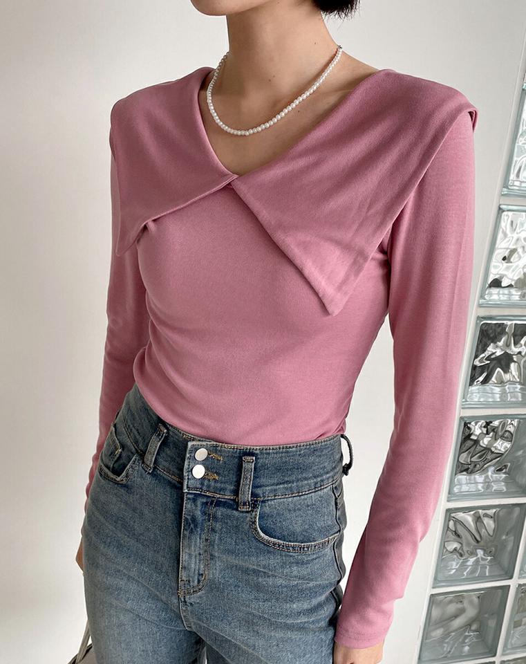ビッグカラーTシャツ・全4色・t00154 レディース 【tops】トップス Tシャツ 長袖 襟コン 単色 無地 シンプル 大人 ビッグカラー フェミニン 春 秋 冬 韓国ファッション ハイホリHIHOLLI
