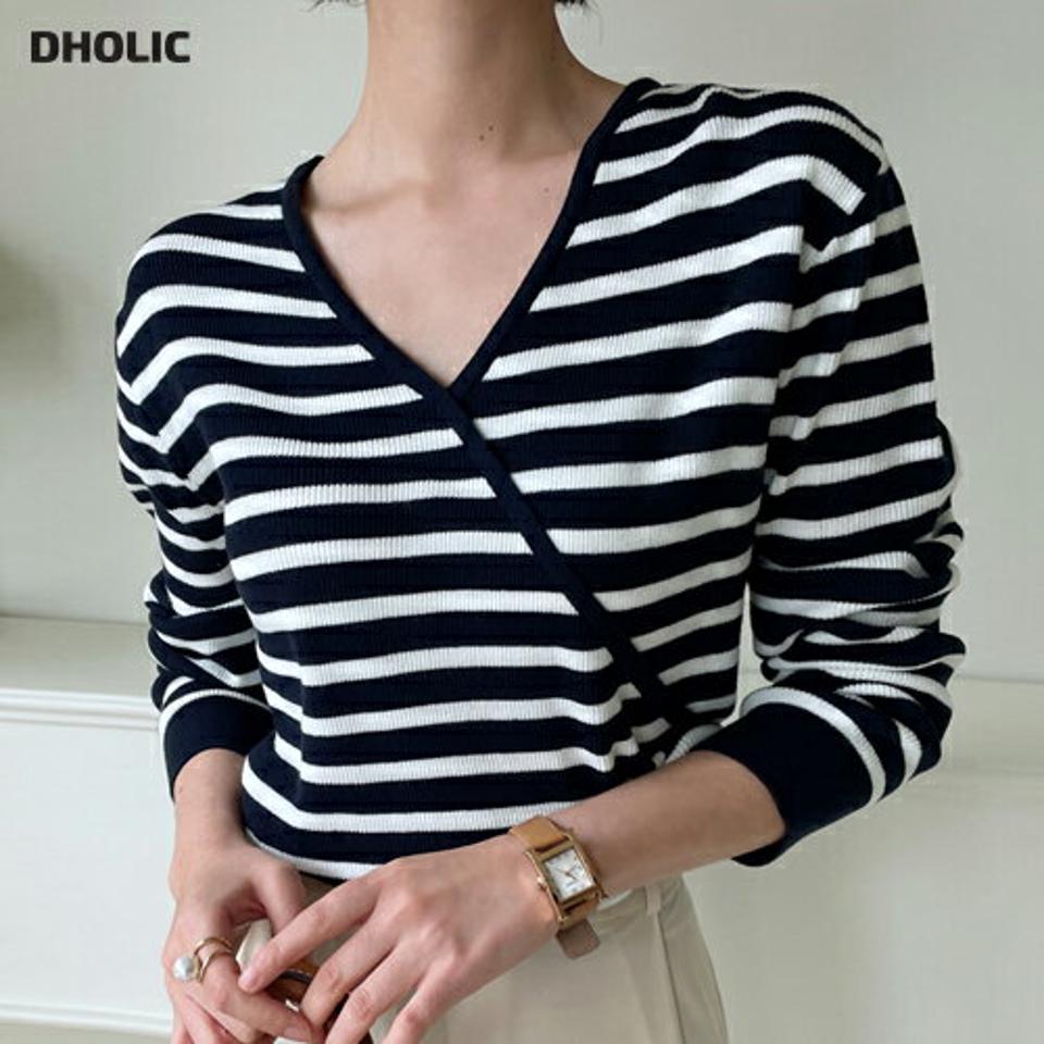 【15%OFF】Vネックボーダーニット・全3色・t00159 レディース 【tops】トップス ニット 長袖 ボーダー柄 Vネック ドロップショルダー ラップ風 カジュアル ラフ 大人 柄ニット 春 秋 冬 韓国ファッション ハイホリHIHOLLI GWセール