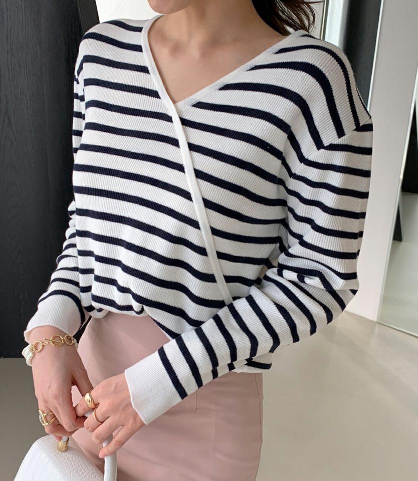【15%OFF】Vネックボーダーニット・全3色・t00159 レディース 【tops】トップス ニット 長袖 ボーダー柄 Vネック ドロップショルダー ラップ風 カジュアル ラフ 大人 柄ニット 春 秋 冬 韓国ファッション ハイホリHIHOLLI GWセール