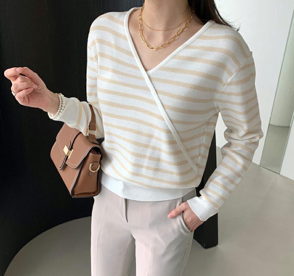 【15%OFF】Vネックボーダーニット・全3色・t00159 レディース 【tops】トップス ニット 長袖 ボーダー柄 Vネック ドロップショルダー ラップ風 カジュアル ラフ 大人 柄ニット 春 秋 冬 韓国ファッション ハイホリHIHOLLI GWセール