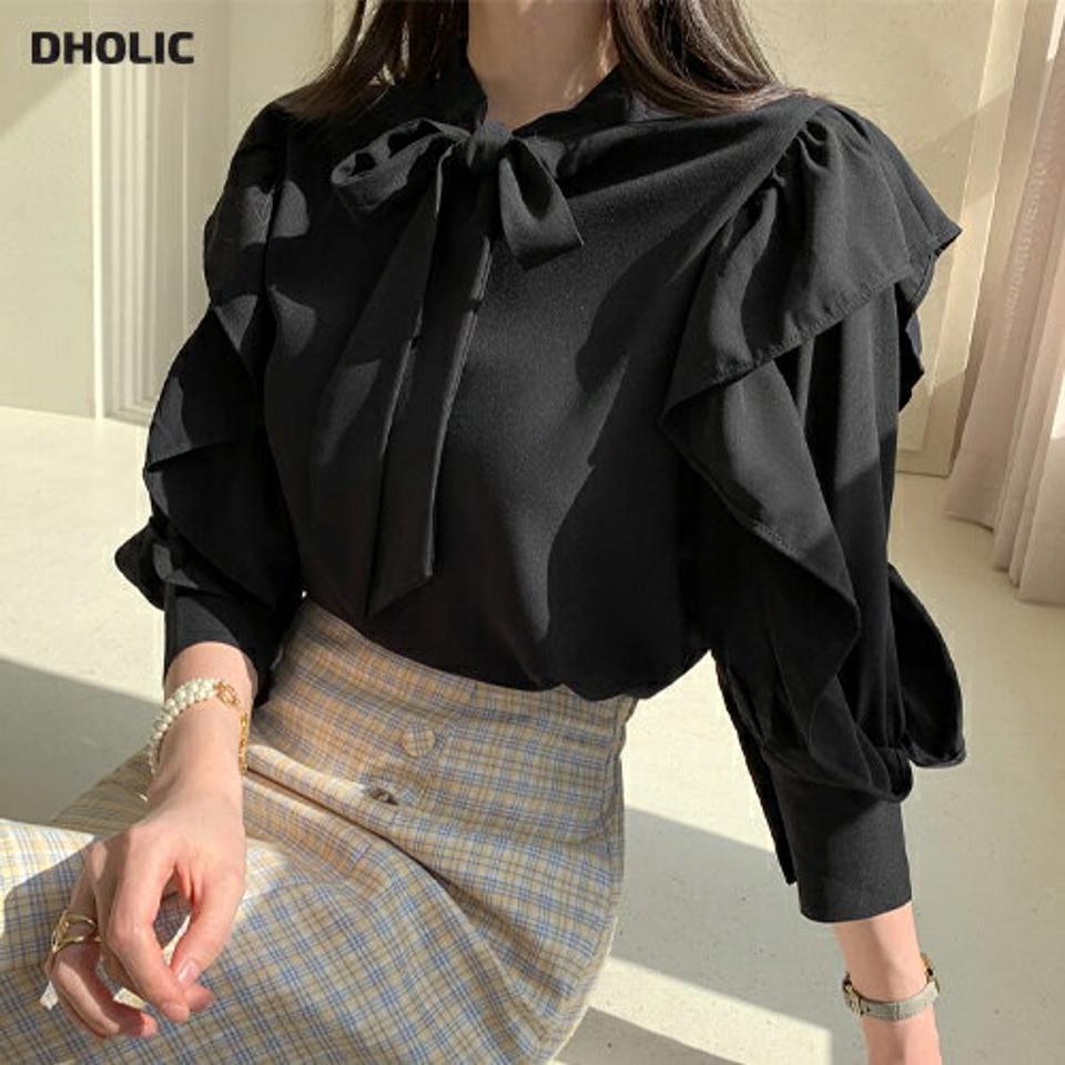 ラッフルタイブラウス・全2色・b00160 レディース 【bl】トップス ブラウス 七分丈 七分袖 7分袖 7分丈 ラッフル フリル ボウタイ 袖コン 単色 フェミニン かわいい 可愛い パールボタン ボリューム袖 春 秋 韓国ファッション ハイホリHIHOLLI