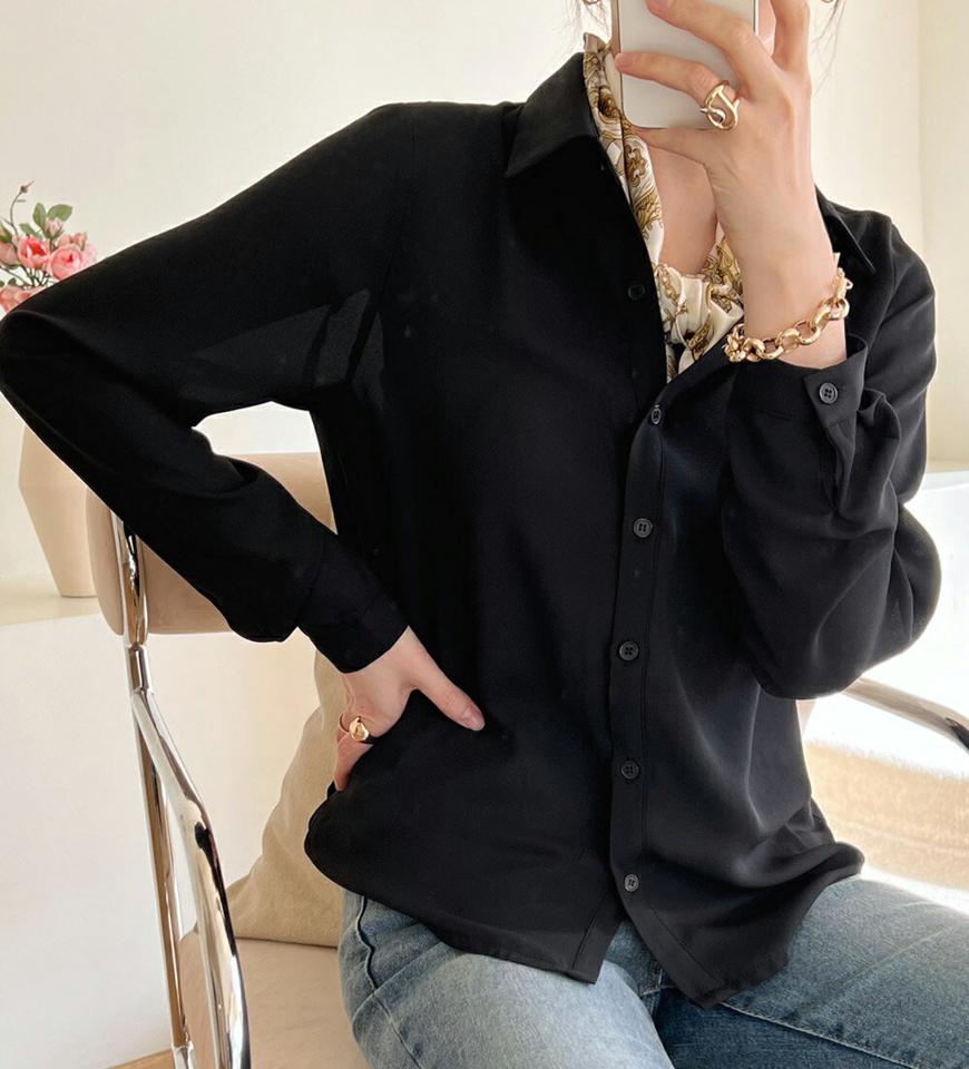 スカーフ付カラーブラウス・全3色・b00161 レディース 【bl】トップス ブラウス スカーフ 総柄 単色 無地 シンプル 大人 きれいめ ベーシック カラーネック 春 秋 韓国ファッション ハイホリHIHOLLI