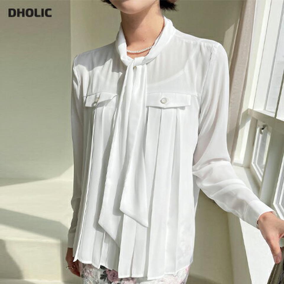 プリーツタイブラウス・全2色・b00162 レディース 【bl】トップス ブラウス 長袖 ボウタイ プリーツ 単色 無地 シンプル フェミニン きれいめ 大人 りぼん リボン タック 上品 春 秋 韓国ファッション ハイホリHIHOLLI