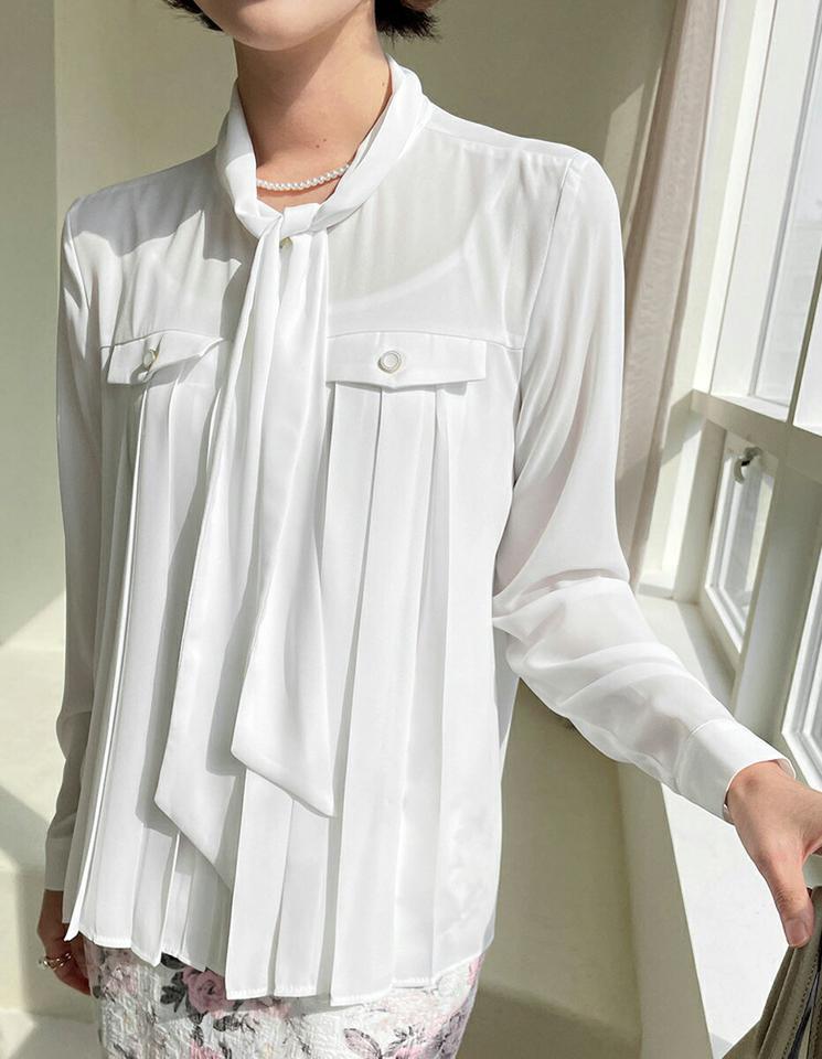 プリーツタイブラウス・全2色・b00162 レディース 【bl】トップス ブラウス 長袖 ボウタイ プリーツ 単色 無地 シンプル フェミニン きれいめ 大人 りぼん リボン タック 上品 春 秋 韓国ファッション ハイホリHIHOLLI