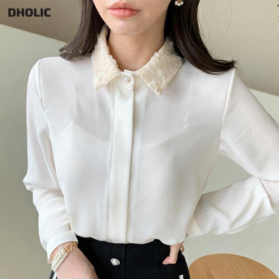 レースカラーブラウス・全2色・t00163 レディース 【bl】トップス ブラウス 長袖 レース 襟 シンプル 花柄 大人 きれいめ オフィスカジュアル パールボタン 春 秋 韓国ファッション ハイホリHIHOLLI