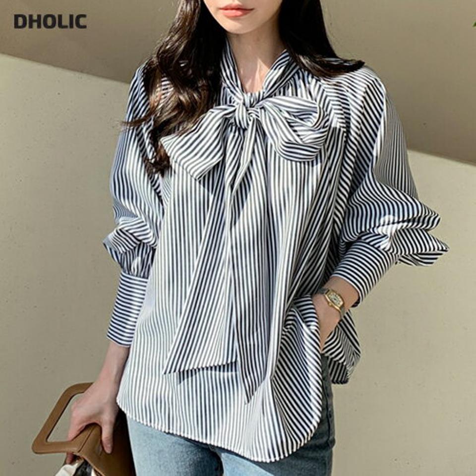 【マラソン特価】2WAYストライプタイブラウス・全2色・b00164 レディース 【bl】トップス ブラウス 長袖 ストライプ柄 りぼん 襟コン 爽やか 大人 かわいい ギャザー ラグランスリーブ パールボタン オフィス 学校行事 春 秋 韓国ファッション ハイホリHIHOLLI セール