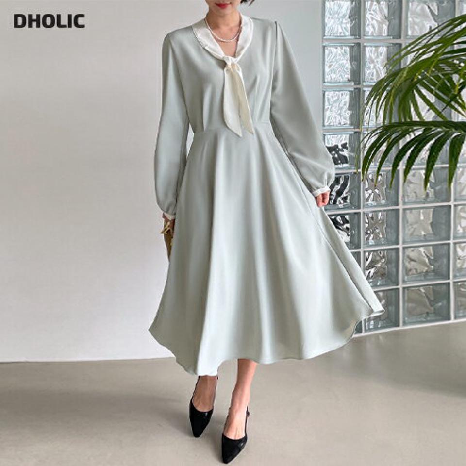 タイ配色ワンピース・全3色・t00166 レディース 【ops】ワンピース ロング丈 ロングワンピース ボウタイ 襟コン フェミニン 長袖 フレア くすみ かわいい 大人 春 秋 冬 韓国ファッション ハイホリHIHOLLI