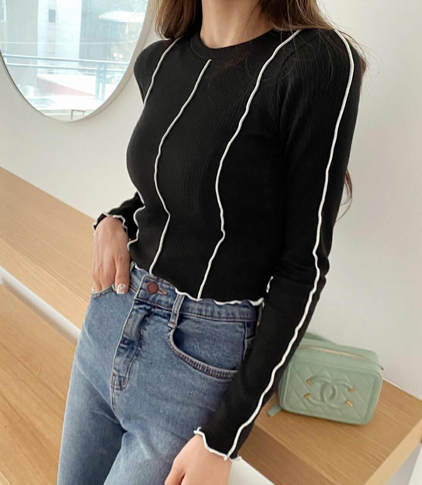 配色ウェーブラインリブTシャツ・全3色・t66623 レディース 【tops】韓国ファッション トップス Tシャツ 大人 半袖 ラウンドネック 配色 ウェーブライン リブ クロップド丈 メリハリ シンプル 体型カバー フェミニン カジュアル デイリー 春 秋 冬