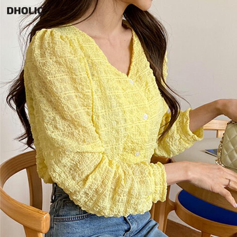 Vネックリンクルパフブラウス・全3色・t66625 レディース 【bl】韓国ファッション トップス ブラウス 長袖 Vネック パフスリーブ カラーアイテム リンクル シンプル かわいい カジュアル フェミニン 体型カバー ガーリー 春 秋 冬