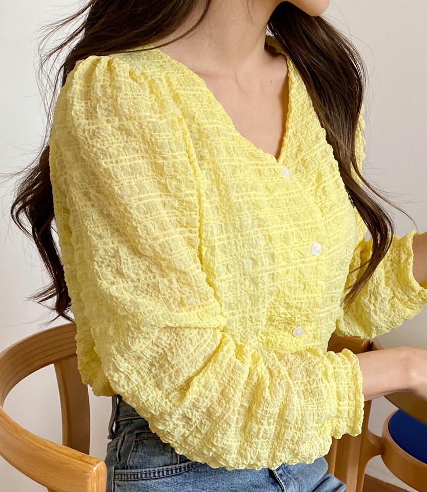 Vネックリンクルパフブラウス・全3色・t66625 レディース 【bl】韓国ファッション トップス ブラウス 長袖 Vネック パフスリーブ カラーアイテム リンクル シンプル かわいい カジュアル フェミニン 体型カバー ガーリー 春 秋 冬