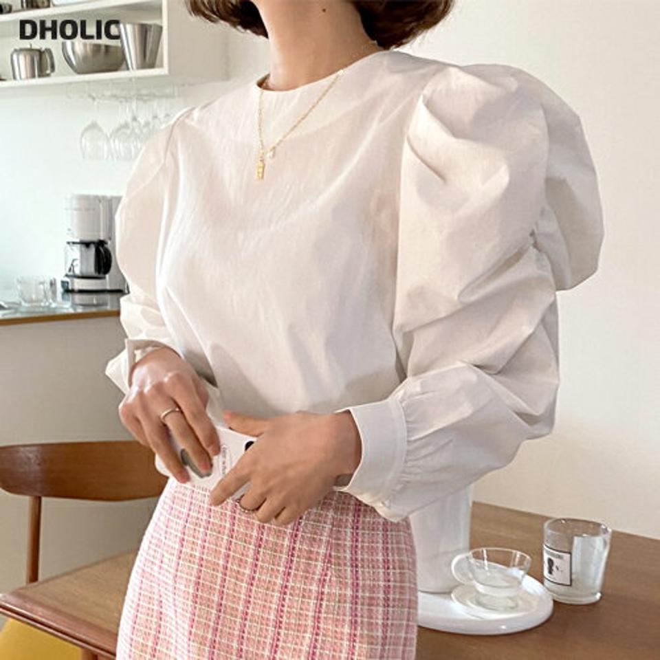 コットンパフブラウス・全3色・t66626 レディース 【bl】韓国ファッション トップス ブラウス 長袖 ラウンドネック パフスリーブ タック コットン 無地 シンプル かわいい カジュアル フェミニン ガーリー 春 秋 冬