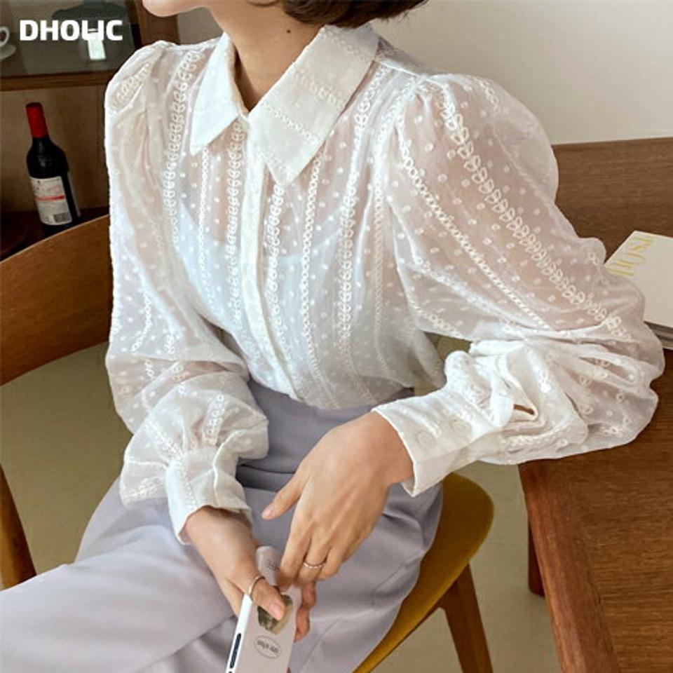 ドットマルチレースシアーパフブラウス・全3色・t66628 レディース 【bl】トップス ブラウス 長袖 襟 ボタン 透け感 春 秋 冬 レース柄 襟 ガーリー きれいめ フェミニン 韓国ファッション