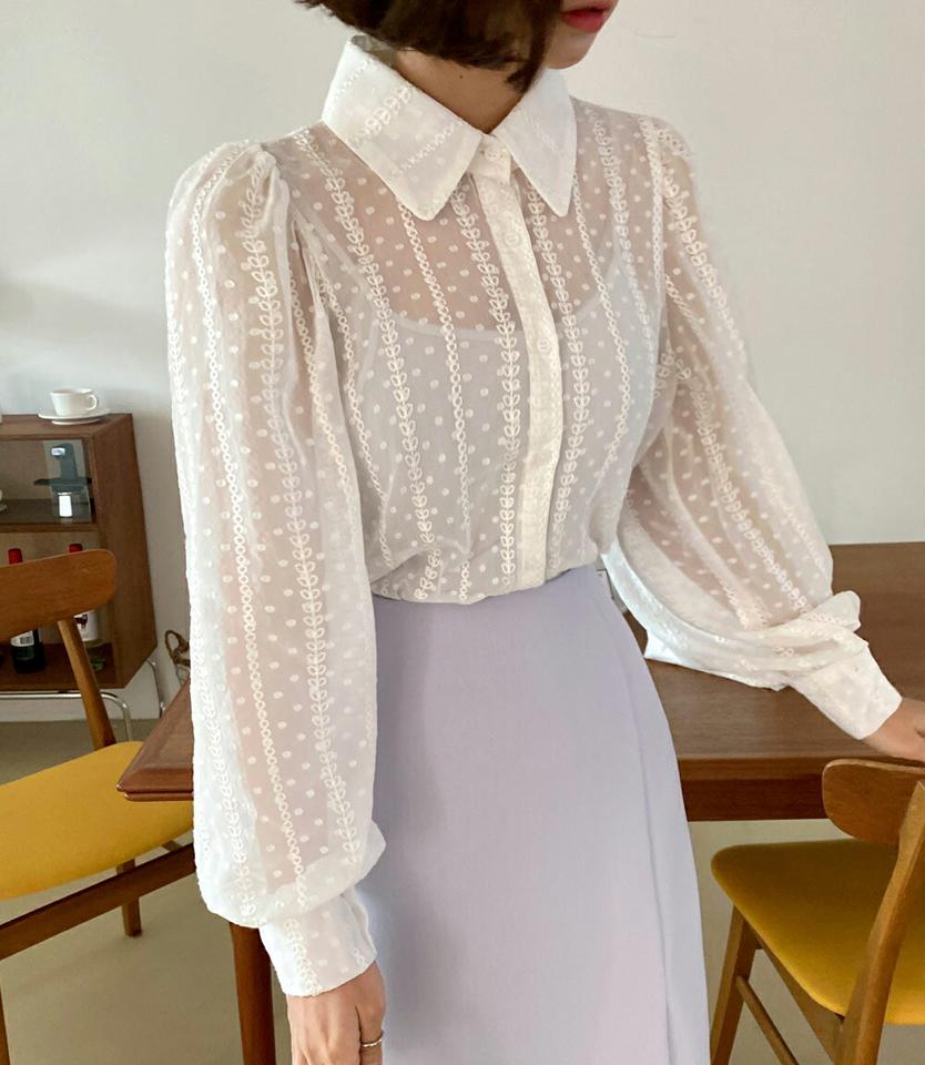 ドットマルチレースシアーパフブラウス・全3色・t66628 レディース 【bl】トップス ブラウス 長袖 襟 ボタン 透け感 春 秋 冬 レース柄 襟 ガーリー きれいめ フェミニン 韓国ファッション
