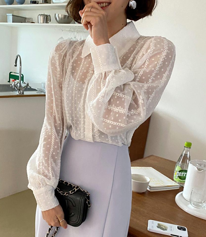 ドットマルチレースシアーパフブラウス・全3色・t66628 レディース 【bl】トップス ブラウス 長袖 襟 ボタン 透け感 春 秋 冬 レース柄 襟 ガーリー きれいめ フェミニン 韓国ファッション