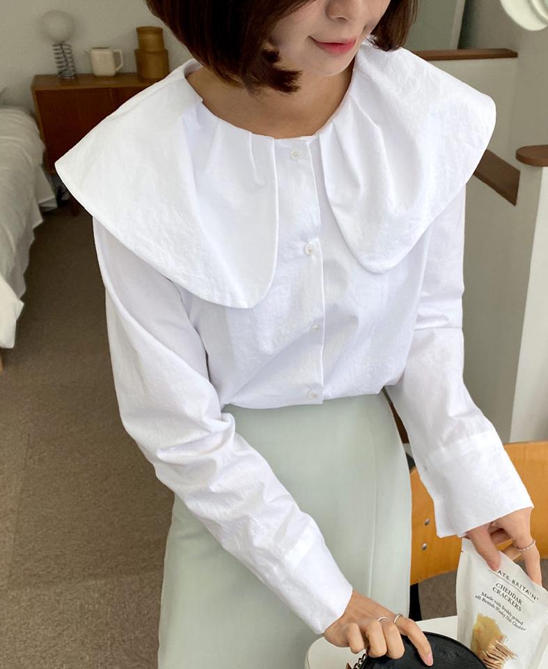 ラウンドビッグセーラーカラーブラウス・全3色・t66629 レディース 【bl】韓国ファッション トップス ブラウス 長袖 カラーネック 襟コンシャス ビッグセーラー 無地 シンプル かわいい カジュアル フェミニン 体型カバー ガーリー 春 秋 冬