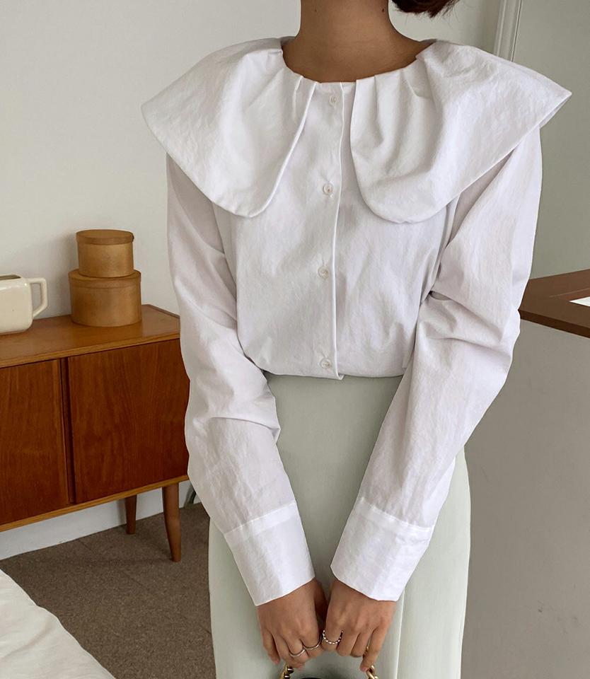 ラウンドビッグセーラーカラーブラウス・全3色・t66629 レディース 【bl】韓国ファッション トップス ブラウス 長袖 カラーネック 襟コンシャス ビッグセーラー 無地 シンプル かわいい カジュアル フェミニン 体型カバー ガーリー 春 秋 冬