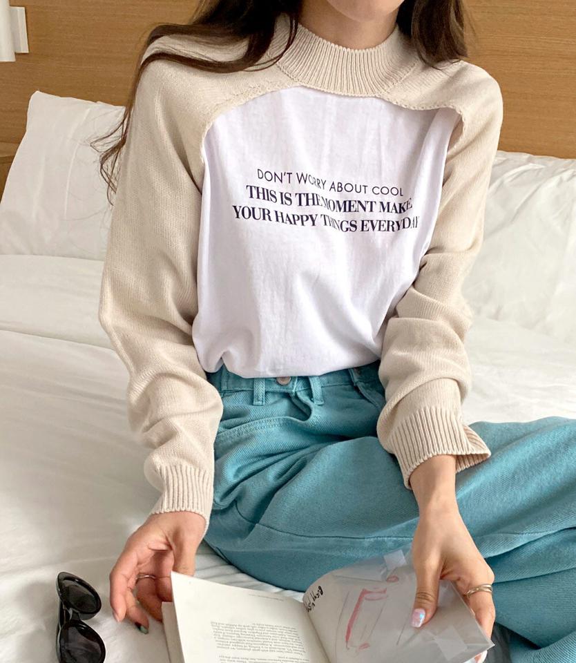2WAYボレロ風ニット・全5色・t66634 レディース 【tops】トップス レイヤード 前後着用自由 カラーニット パステル 個性的 長袖 ユニーク 春 秋 冬 ニット シンプル 無地 単色 カジュアル ラウンドネック クロップド丈 韓国ファッション