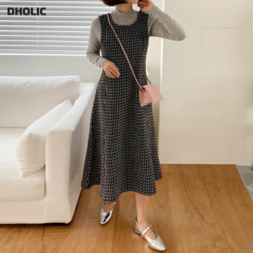 ツイードノースリワンピース・全2色・b66635 レディース 【ops】韓国ファッション ワンピース ロング ロングワンピース ノースリーブ スリーブレス ラウンドネック ツイード ロング丈 シンプル フェミニン 秋 冬