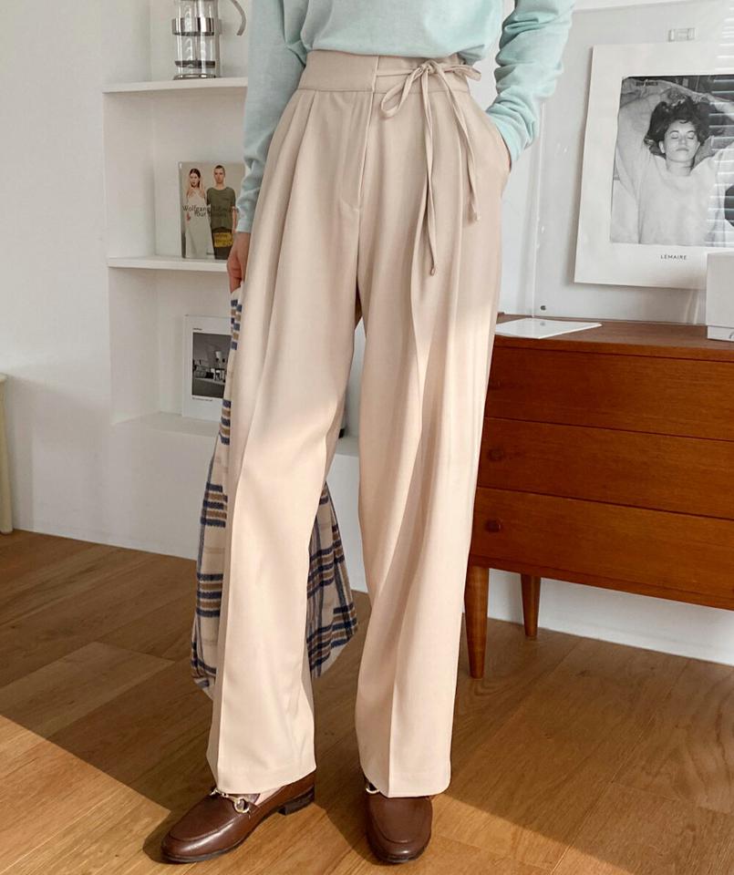 シークレットバックゴムリボンワイドスラックス・全3色・b66648 レディース 【pt】韓国ファッション ボトムス ロング ロングパンツ スラックスパンツ スラックス ツータック リボン ワイド 無地 シンプル フェミニン カジュアル 秋 冬