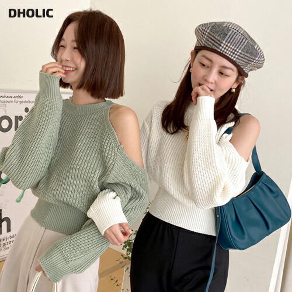 アシメショルダースリットニット・全4色・t66269 レディース 【tops】トップス 肩だし 単色 ニット スリットニット アシメショルダー ショルダーニット クロップド丈 カットアウト 長袖 ラウンドネック リブ袖 きれいめ セクシー 大人っぽ 韓国ファッション