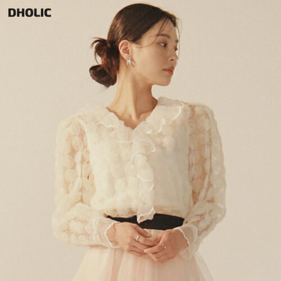 【送料無料】パフVネックシアーブラウス・全2色・a00165 レディース 【bl】 トップス ブラウス 長袖 Vネック シアー シースルー 花柄 フラワー フローラル シンプル かわいい カジュアル 大人 フェミニン 秋 冬 韓国ファッション ハイホリHIHOLLI