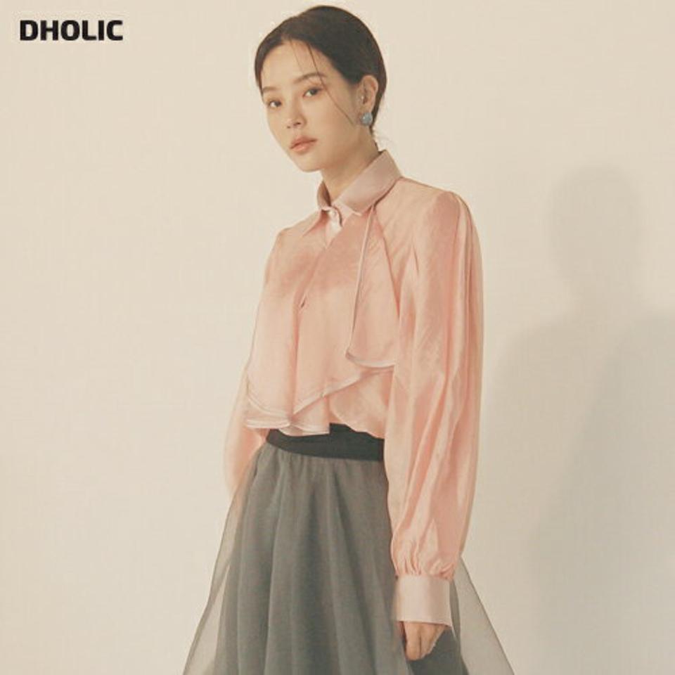 【送料無料】ラッフルシアーブラウス・全2色・a00169 レディース 【bl】 トップス ブラウス 長袖 カラーネック ラッフル シアー 光沢 無地 シンプル かわいい カジュアル 大人 フェミニン ガーリー 春 秋 冬 韓国ファッション ハイホリHIHOLLI