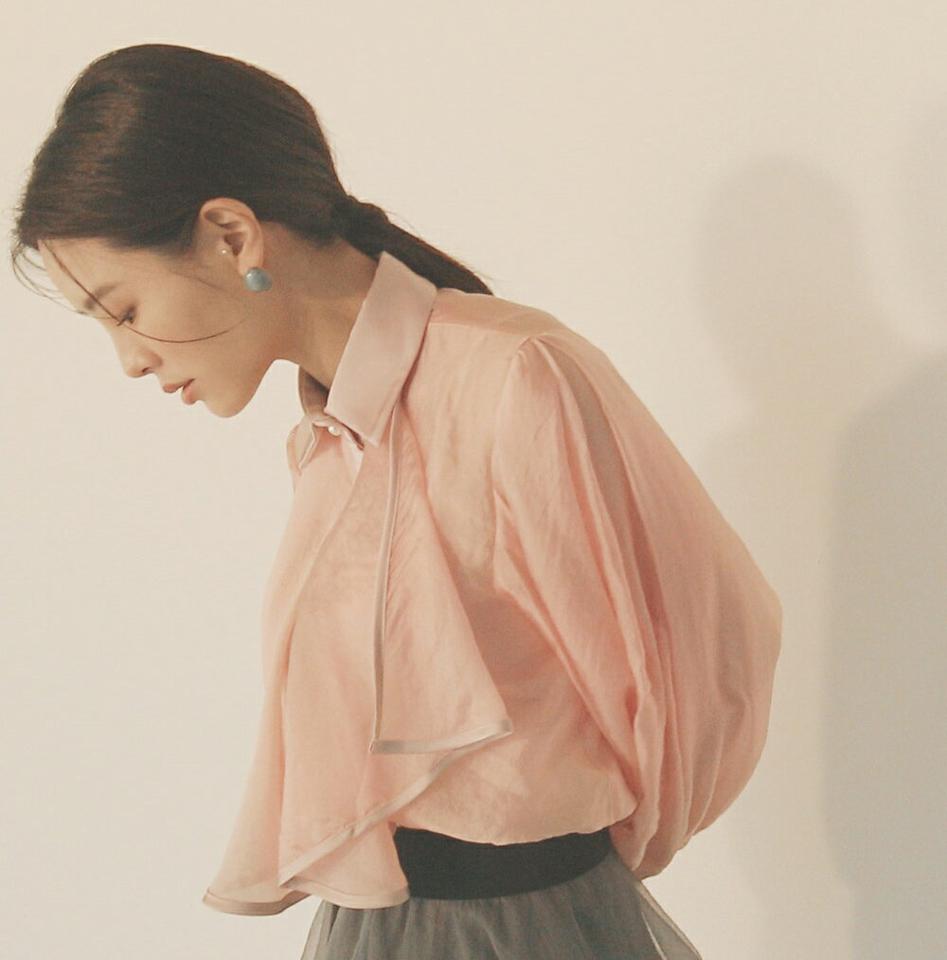 【送料無料】ラッフルシアーブラウス・全2色・a00169 レディース 【bl】 トップス ブラウス 長袖 カラーネック ラッフル シアー 光沢 無地 シンプル かわいい カジュアル 大人 フェミニン ガーリー 春 秋 冬 韓国ファッション ハイホリHIHOLLI