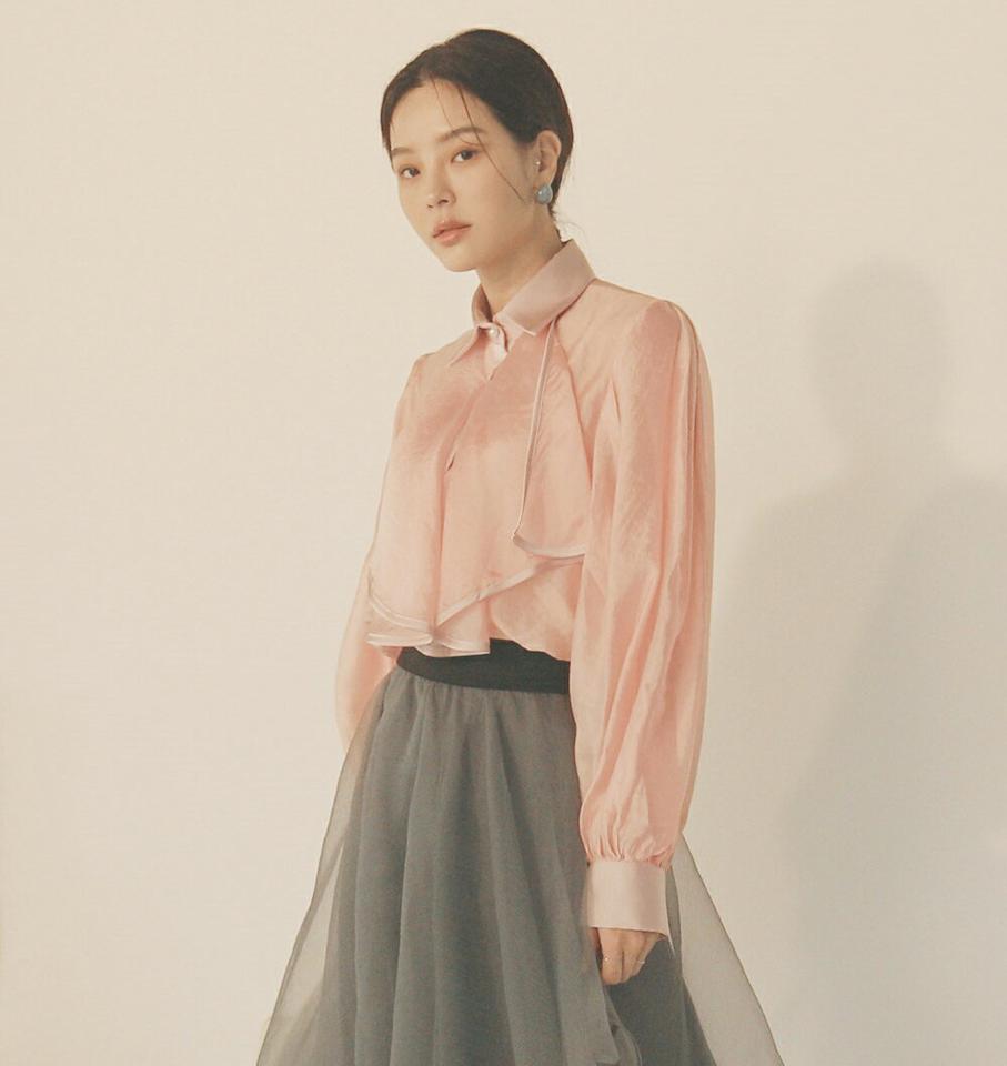 【送料無料】ラッフルシアーブラウス・全2色・a00169 レディース 【bl】 トップス ブラウス 長袖 カラーネック ラッフル シアー 光沢 無地 シンプル かわいい カジュアル 大人 フェミニン ガーリー 春 秋 冬 韓国ファッション ハイホリHIHOLLI