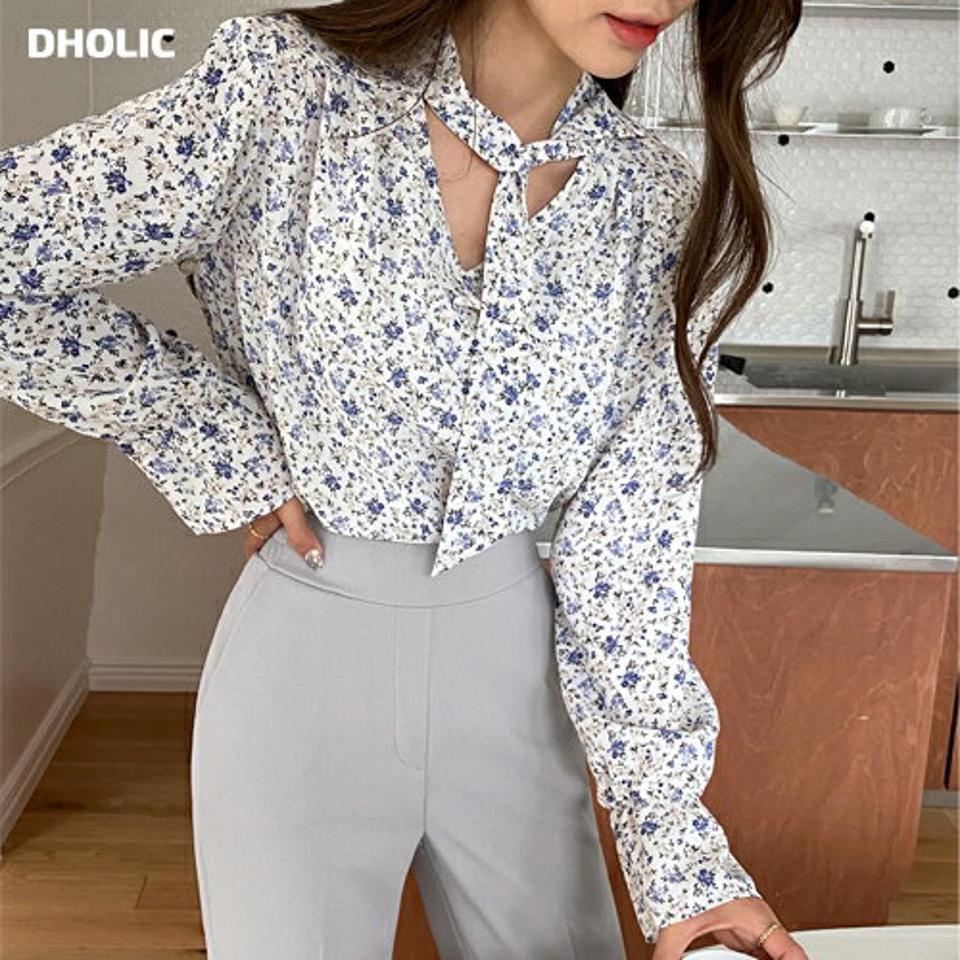 フローラルタイブラウス・全3色・t65430 レディース 【bl】韓国ファッション トップス ブラウス 長袖 Vネック 花柄 フラワー フローラル ギャザー タイ シンプル カジュアル フェミニン 体型カバー ガーリー 春 秋 冬