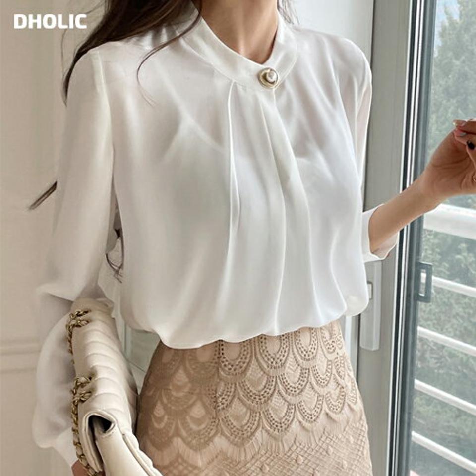 フェイクパールネックボタンブラウス・全3色・b65432 レディース 【bl】韓国ファッション トップス ブラウス 長袖 バンドカラー フェイクパール ボタン 無地 シンプル カジュアル フェミニン ガーリー 春 秋 冬