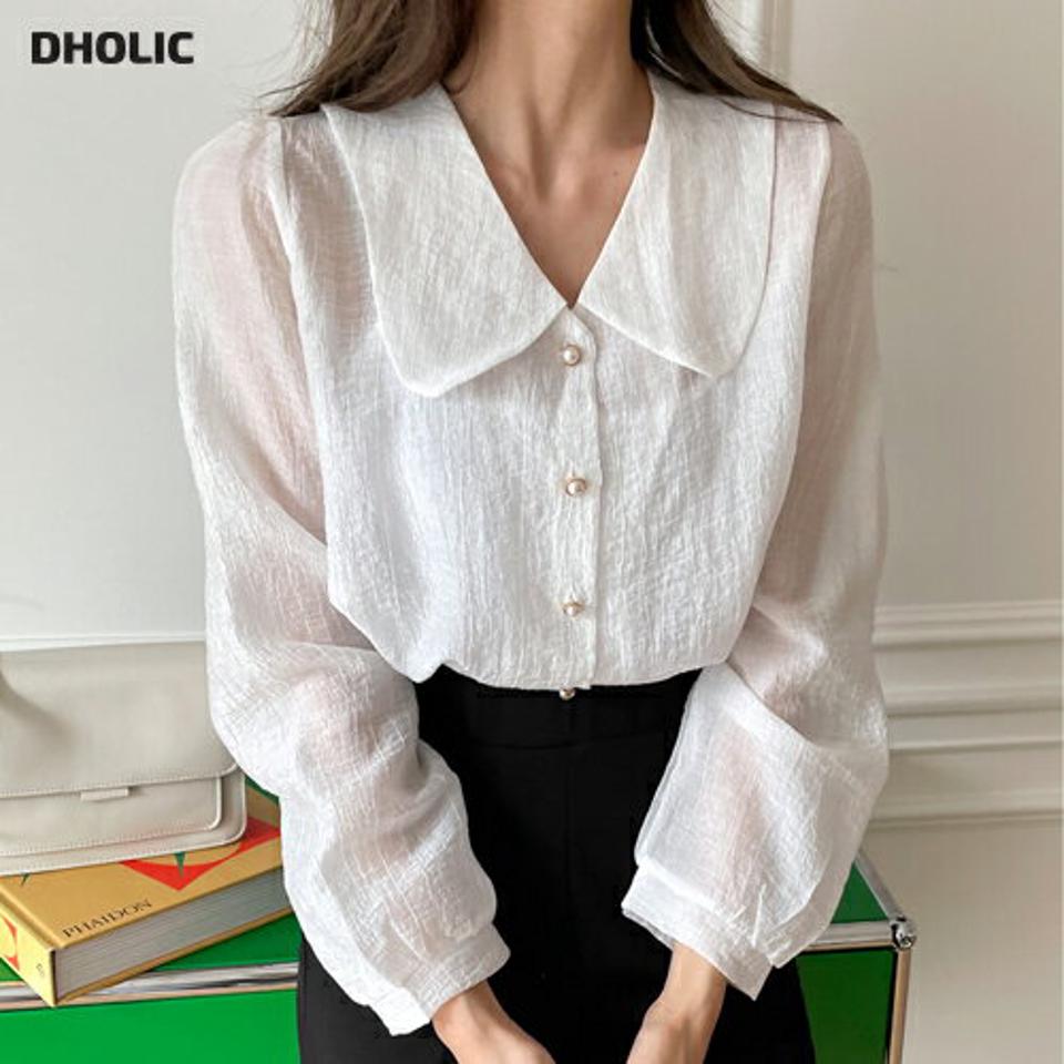 パール調ボタンカラーブラウス・全3色・t65431 レディース 【bl】韓国ファッション トップス ブラウス 長袖 Vネック カラー 襟コンシャス パール調 ボタン パフスリーブ シンプル カジュアル フェミニン 体型カバー ガーリー 春 秋 冬