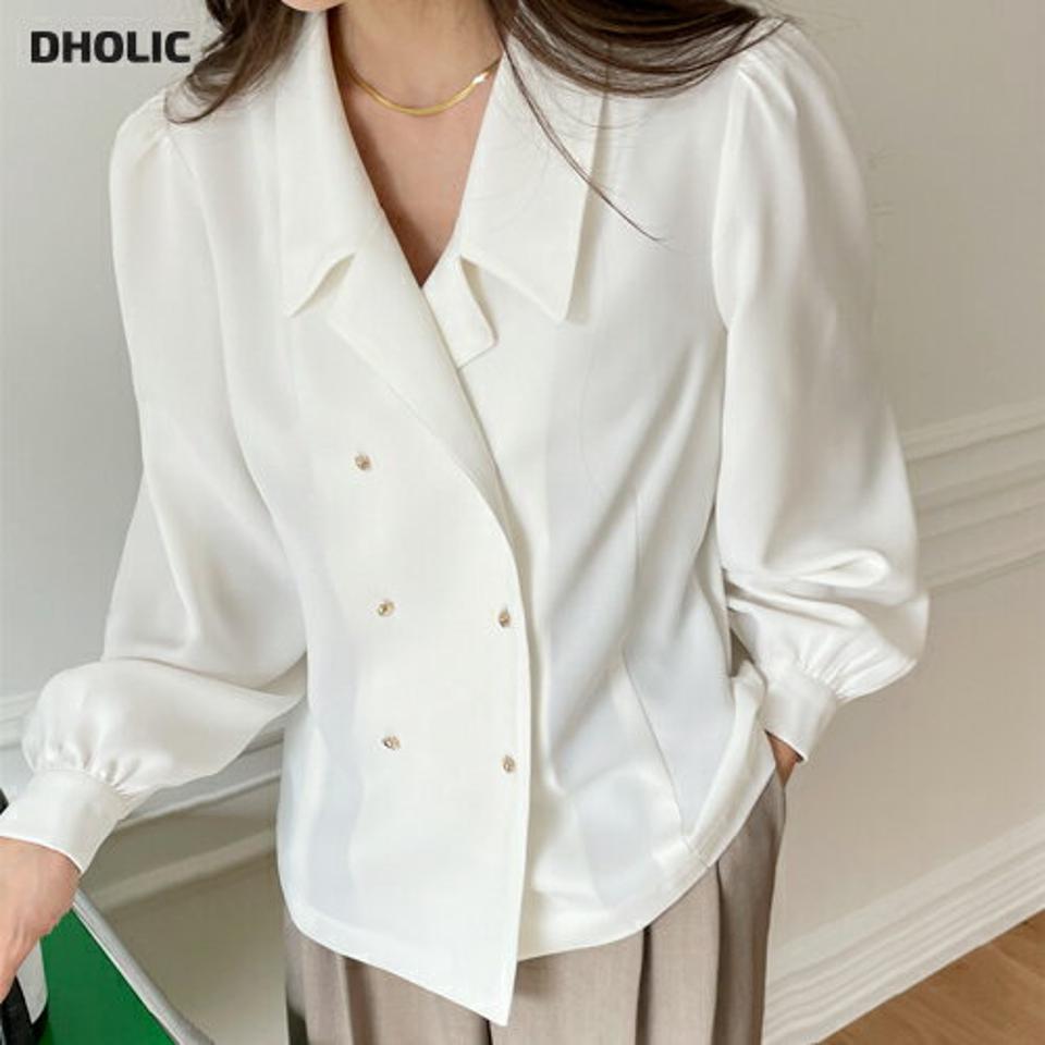 ダブルボタンVネックカラーブラウス・全2色・b65433 レディース 【bl】韓国ファッション トップス ブラウス 長袖 Vネック カラー 襟コンシャス ダブルボタン パフスリーブ 無地 シンプル カジュアル フェミニン ガーリー 春 秋 冬