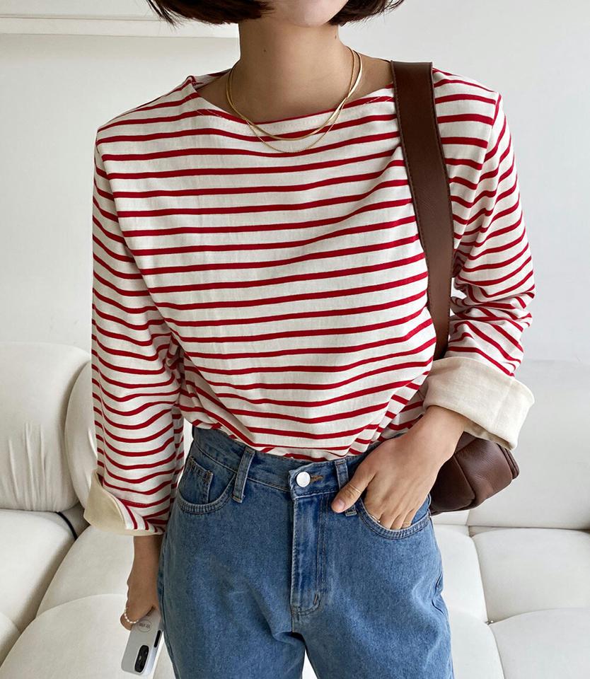 ボーダー配色スリットスリーブTシャツ・全4色・t66262 レディース 【tops】トップス ロンT Tシャツ スリット スリーブ ボーダー柄 長袖 ラウンドネック カジュアル ボーダーパターン 韓国ファッション