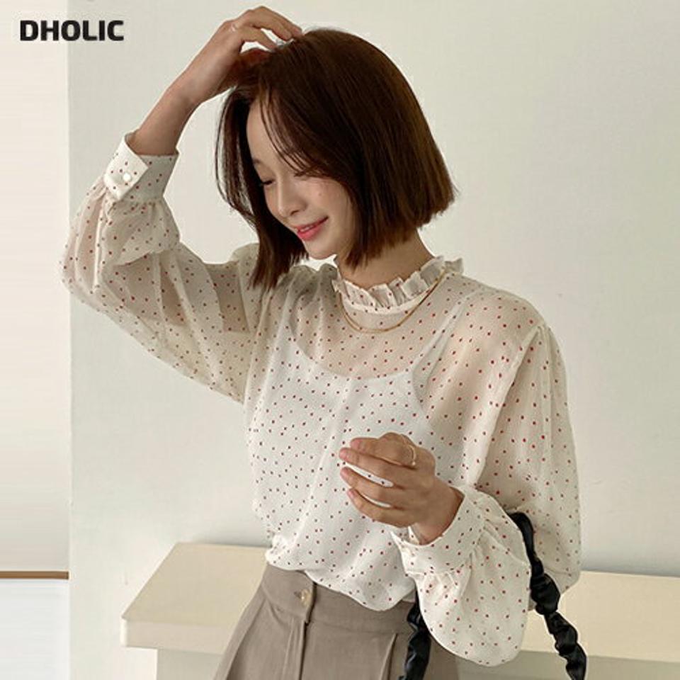 ミニハートシアーブラウス・全3色・t66265 レディース 【bl】トップス シアー シースルー 可愛い かわいい フリルネック ブラウス 長袖 透け感 ハート柄 リボン カフス 春 秋 ガーリー フェミニン 韓国ファッション