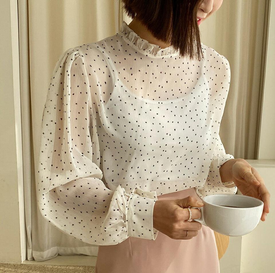 ミニハートシアーブラウス・全3色・t66265 レディース 【bl】トップス シアー シースルー 可愛い かわいい フリルネック ブラウス 長袖 透け感 ハート柄 リボン カフス 春 秋 ガーリー フェミニン 韓国ファッション