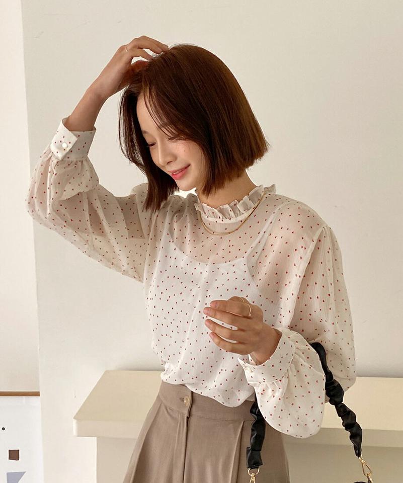 ミニハートシアーブラウス・全3色・t66265 レディース 【bl】トップス シアー シースルー 可愛い かわいい フリルネック ブラウス 長袖 透け感 ハート柄 リボン カフス 春 秋 ガーリー フェミニン 韓国ファッション