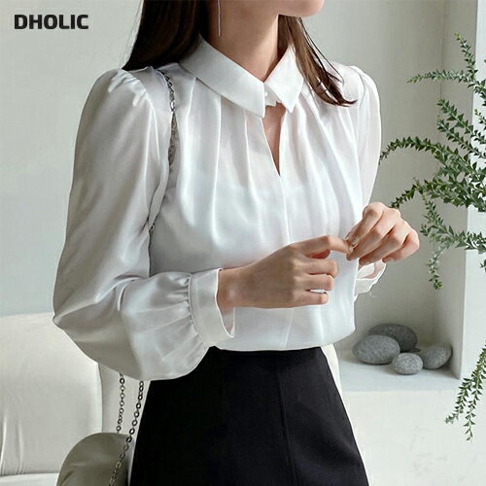 ネックスリットタックブラウス・全4色・b66266レディース 【bl】トップス 襟コン ブラウス タックブラウス 長袖 ネックスリット シルキー カフスボタン ギャザー カットアウト 春 秋 無地 きれいめ 大人っぽ 韓国ファッション