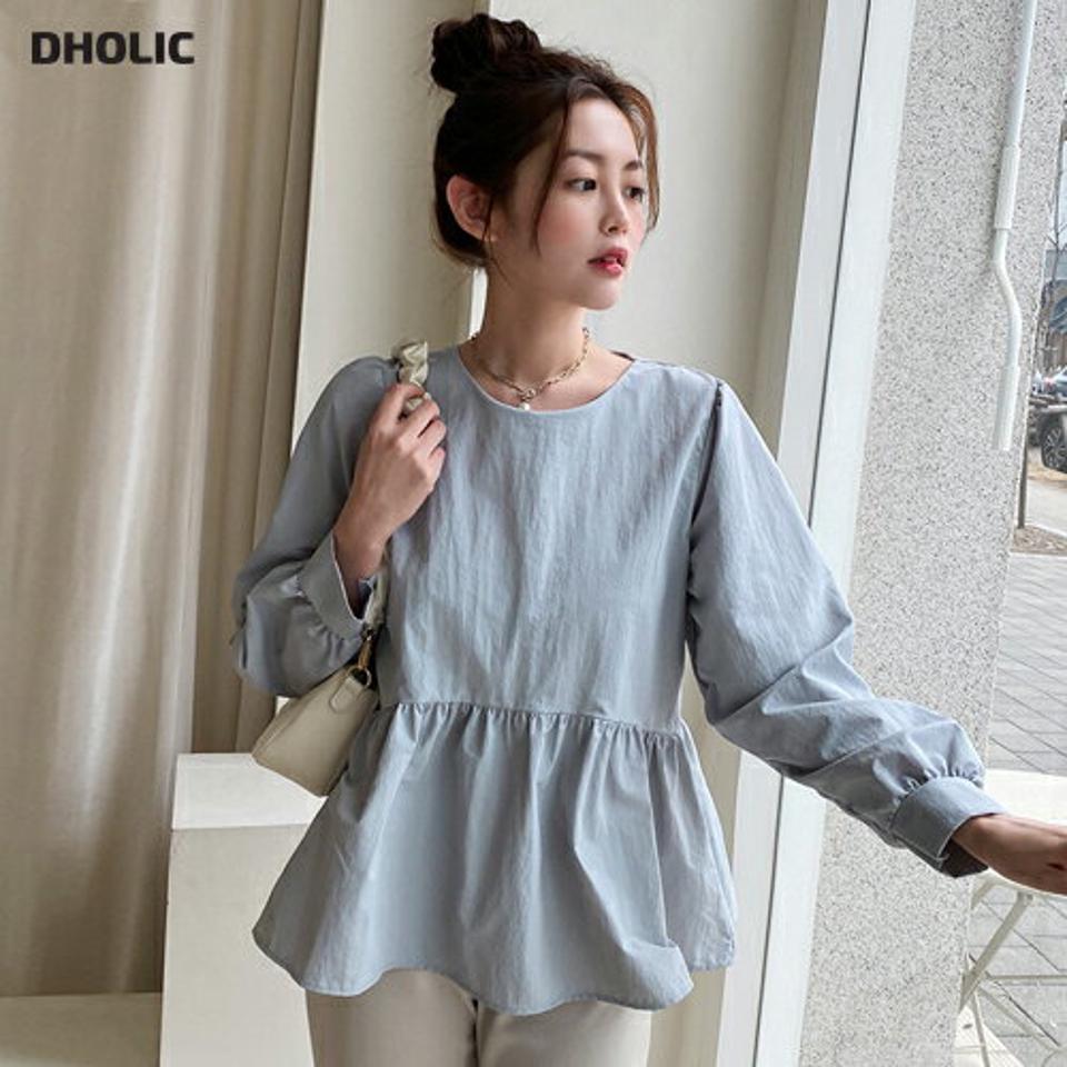 ナイロンフレアブラウス・全4色・t66268レディース 【bl】トップス ブラウス フレア 長袖 ギャザー ラウンドネック ふんわり袖 春 秋 無地 きれいめ シンプル韓国ファッション