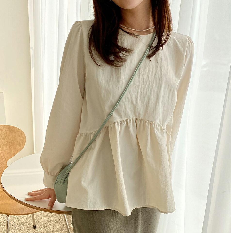 ナイロンフレアブラウス・全4色・t66268レディース 【bl】トップス ブラウス フレア 長袖 ギャザー ラウンドネック ふんわり袖 春 秋 無地 きれいめ シンプル韓国ファッション