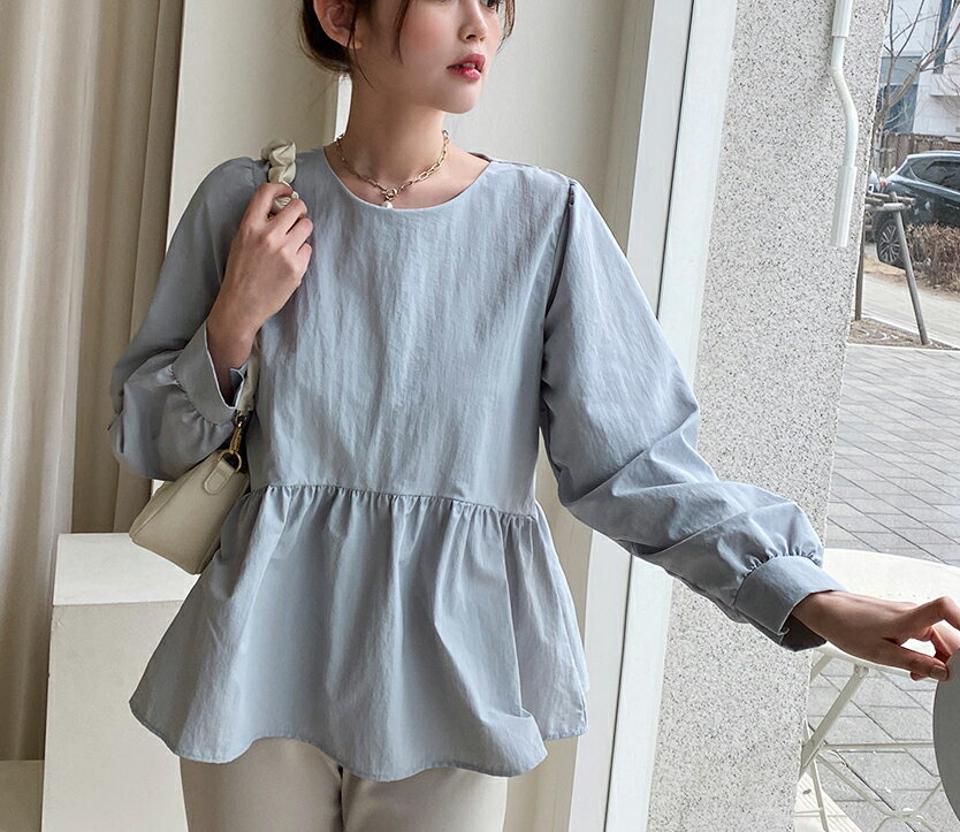 ナイロンフレアブラウス・全4色・t66268レディース 【bl】トップス ブラウス フレア 長袖 ギャザー ラウンドネック ふんわり袖 春 秋 無地 きれいめ シンプル韓国ファッション