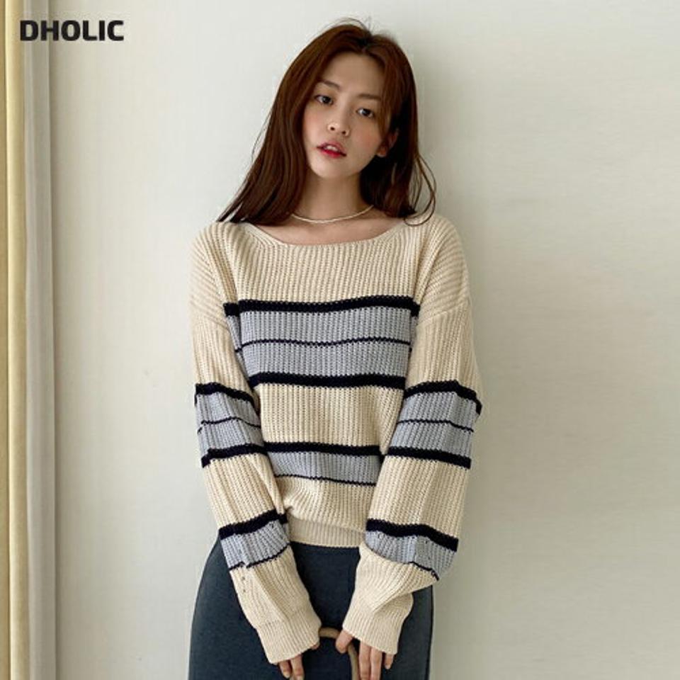 マルチボーダー配色ニット・全4色・t66273レディース 【tops】トップス ニット 配色ニット 長袖 スクエアネック カジュアルニット ゆったり 春 秋 冬 ボーダー柄 カジュアル 韓国ファッション