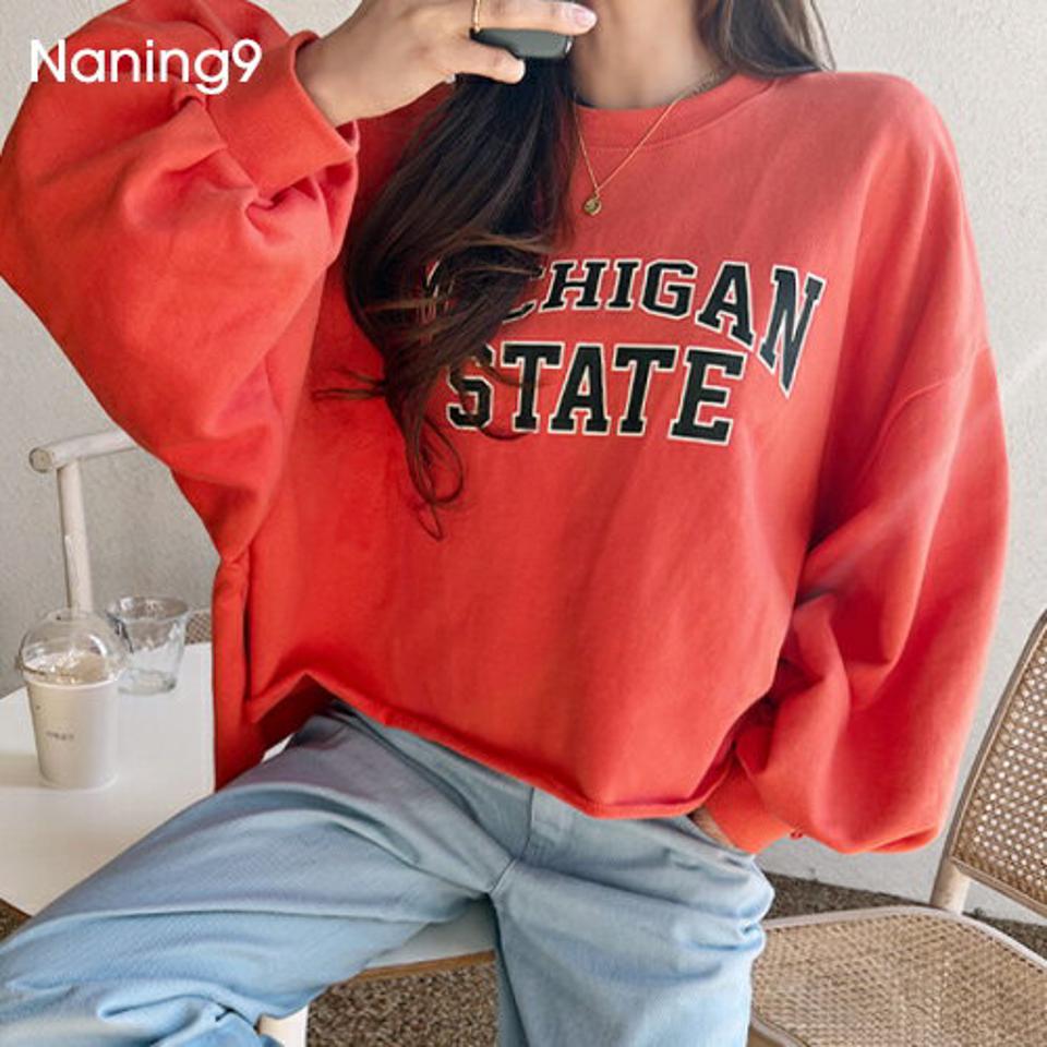 【NANING9国内1位】NANING9(ナンニング)ビビッドカラーカットオフデザイントレーナー【2/24up_ka】韓国 韓国ファッション　韓国ファッション 韓国 レディースファッション 韓国ドラマ トップス トレーナー Tシャツ 長袖 プリント クロップ【5】※メール便不可